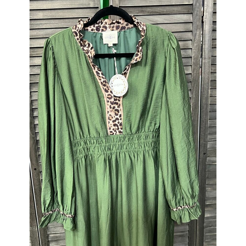Umgee Olive Leopard Trim Midi Dress Smocked Waist Lined NWT Plus 2X - Picture 4 of 8
